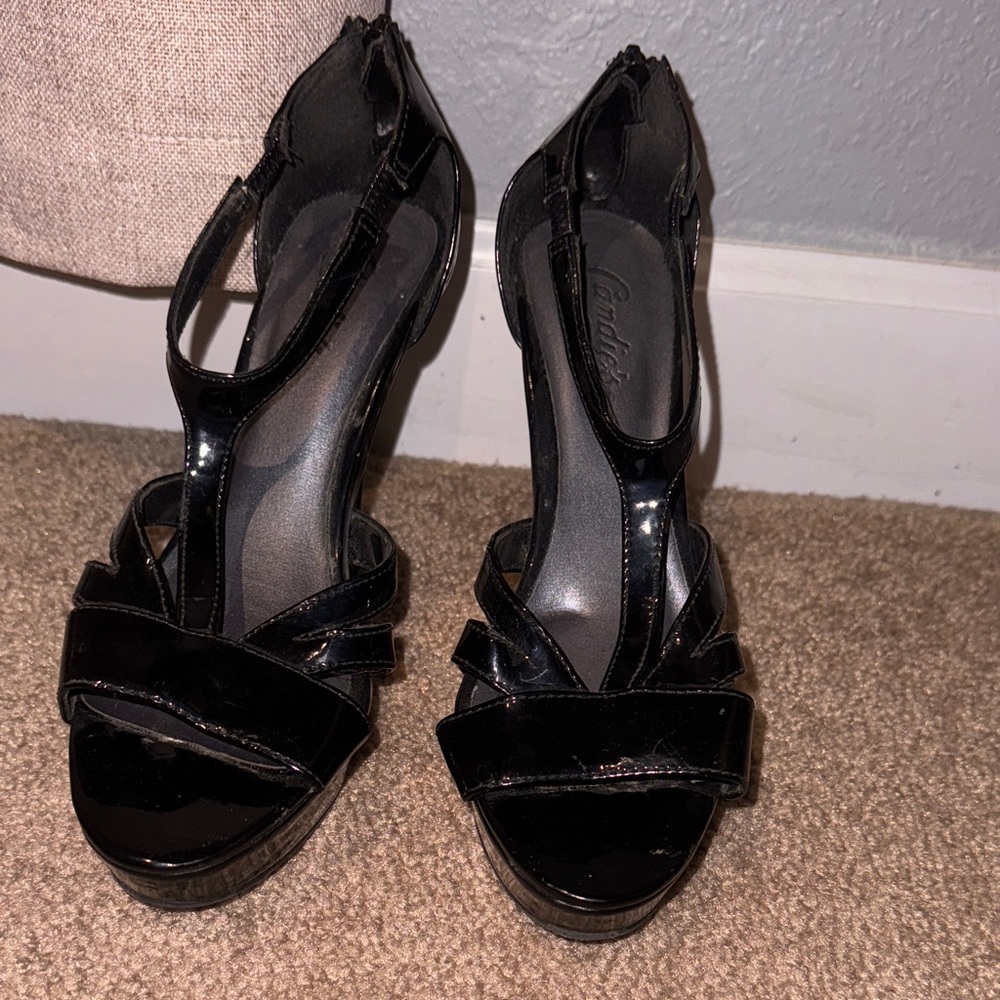 Candie's Glossy Black Strappy Heels